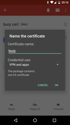 Screenshot of Android certificate dialogue box.
