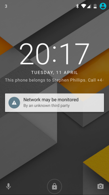 Screenshot of Android network warning.